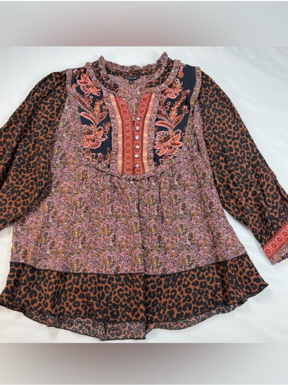 John Mark Boho Leopard Floral Tunic Blouse Size Large